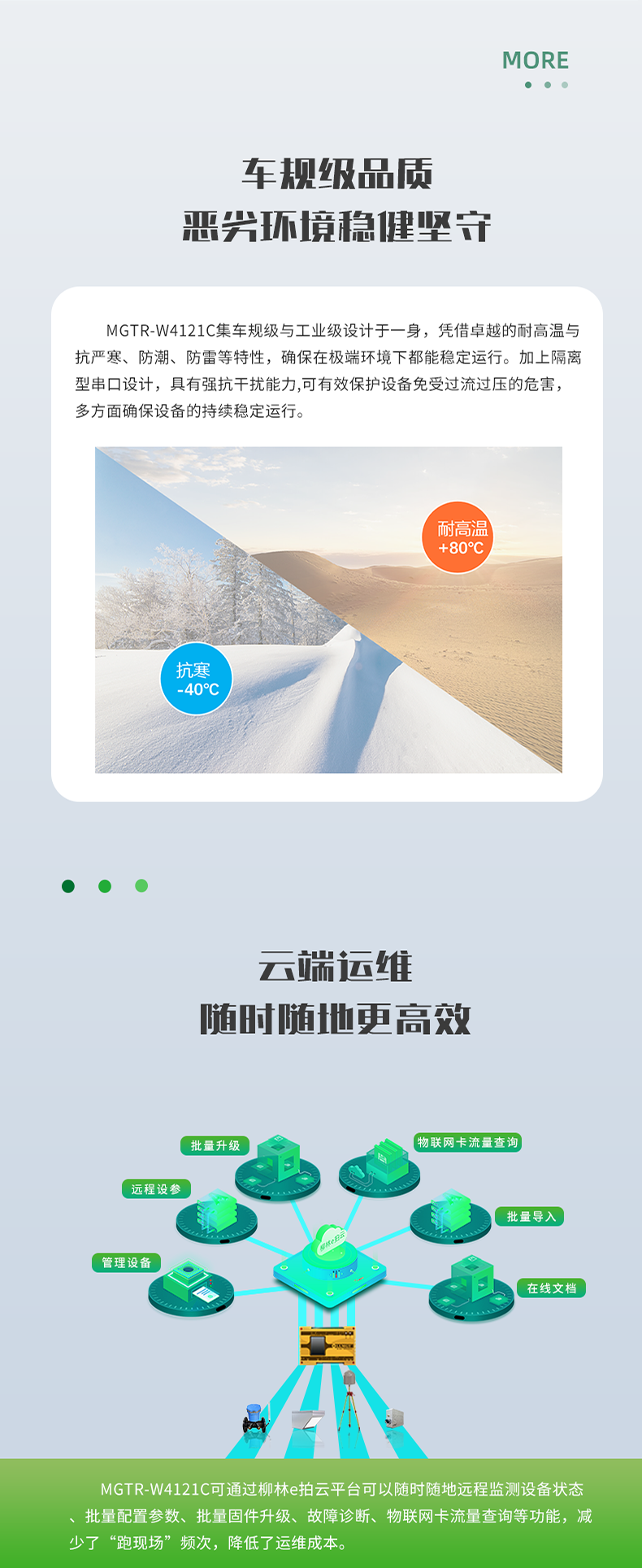 車規(guī)級(jí)品質(zhì) 惡興環(huán)境穩(wěn)健堅(jiān)守。MGTR-W4121C集車規(guī)級(jí)與工業(yè)級(jí)設(shè)計(jì)于一身，憑借卓越的耐高溫與 抗嚴(yán)寒、防潮、防雷等特性，確保在極端環(huán)境下都能穩(wěn)定運(yùn)行。加上隔離 型串口設(shè)計(jì)，具有強(qiáng)抗干擾能力,可有效保護(hù)設(shè)備免受過流過壓的危害， 多方面確保設(shè)備的持續(xù)穩(wěn)定運(yùn)行。云端運(yùn)維 隨時(shí)隨地更高效。MGTR-W4121C可通過柳林e拍云平臺(tái)可以隨時(shí)隨地遠(yuǎn)程監(jiān)測(cè)設(shè)備狀態(tài) 批量配置參數(shù)、批量固件升級(jí)、故障診斷、物聯(lián)網(wǎng)卡流量查詢等功能，減 少了“跑現(xiàn)場(chǎng)”頻次，降低了運(yùn)維成本。